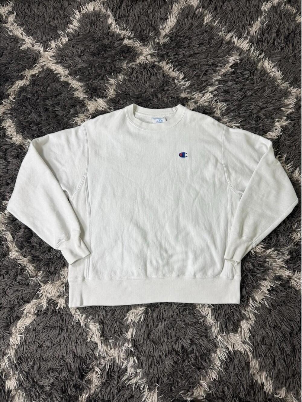 Champion Reverse Weave Sweatshirt Large White Crewneck Pullover Embroidered
